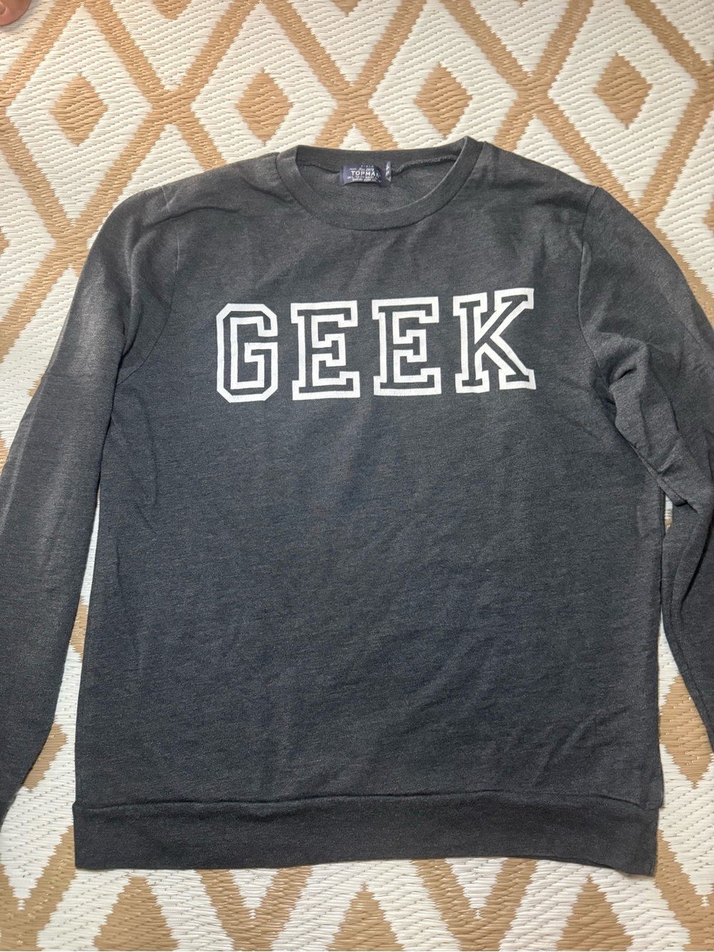 Topman Charcoal Crewneck Sweater with White "GEEK" Lettering